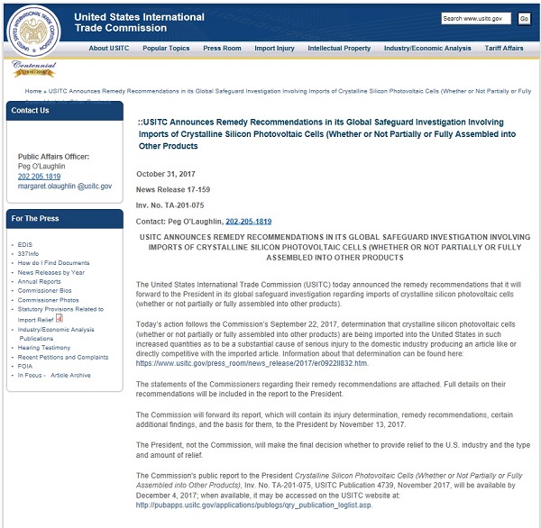 미국국제무역위원회가 현지시간 지난달 31일 한국산 태양광 모듈과 셀에 대한 구제조치 판정을 내렸다. 사진은 이를 알리는 미국국제무역위원회 홈페이지 공고(사진=USITC 홈페이지 캡쳐)