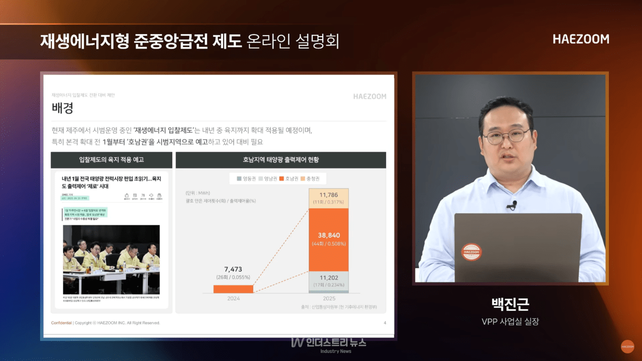 해줌이 지난 12일 진행한 온라인 세미나 화면. 해줌 VPP 사업실 백진근 실장이재생에너지형 준중앙급전 제도를 설명하고 있다. [사진=해줌]